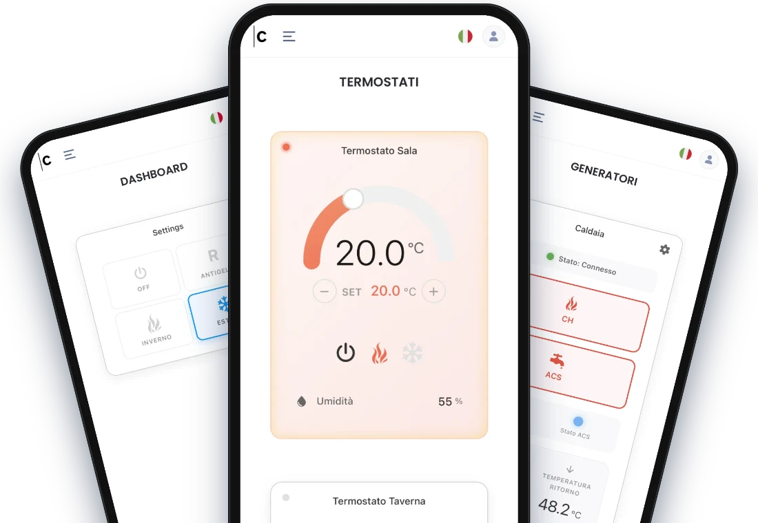 Schermate di CuvApp: dashboard, termostati e generatori